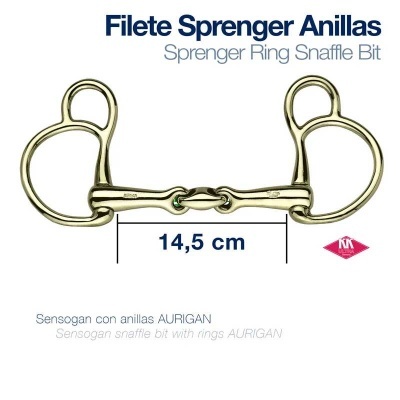 Freio Sprenger Ring Snaffle Bit dourado com argolas grandes e barra central curvada com texto
