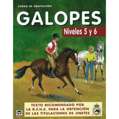 Capa de livro de equitação 'GALOPES Niveles 5 y 6' com pessoas e cavalos