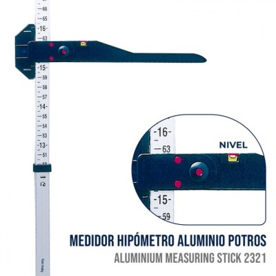 Medidor hipómetro de alumínio com escala e texto em português e inglês