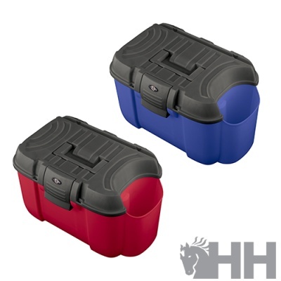 Caixas organizadoras vermelha e azul com tampas cinza-escuras e fecho frontal