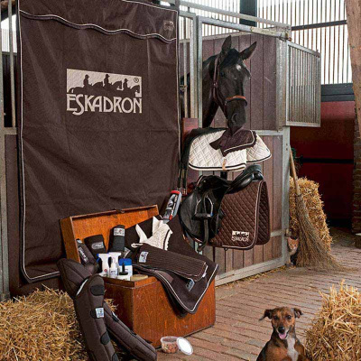 Equipamento de equitação castanho com cavalo preto em estábulo