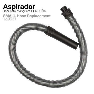 Mangueira pequena para aspirador cinza com extremidades pretas e texto informativo
