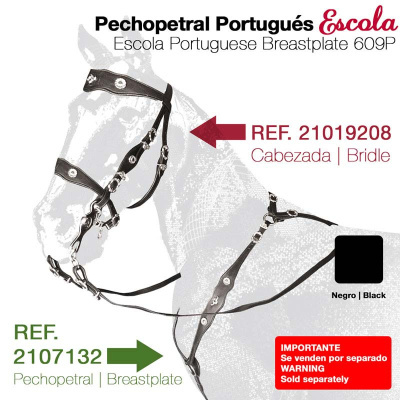 Peitoral e cabeçada preta para cavalo com decoração metálica e texto informativo