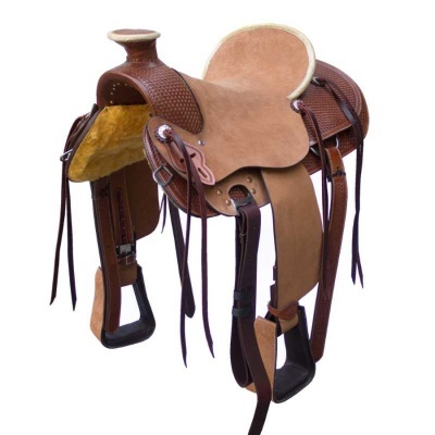 Sela de cavalo em couro castanho e bege com tiras