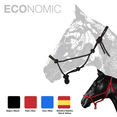 Cabezada de corda para cavalo em várias cores com opções mostradas e imagem de cavalo no fundo