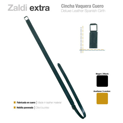 Cincha vaquera em couro preto com fivela oleada e texto de identificação
