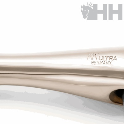 Peça metálica prateada com gravação 'KULTRA GERMANY' e selo 'HH' com cavalo