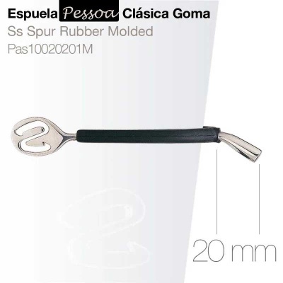 Espuela metálica com cabo preto e parte metálica distinta, texto 'Espuela Pessoa Clásica Goma' visível.