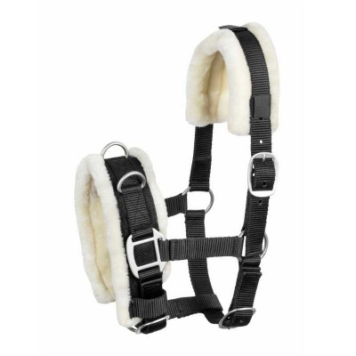 Cabresto para cavalo preto com forro creme de nylon e metal.