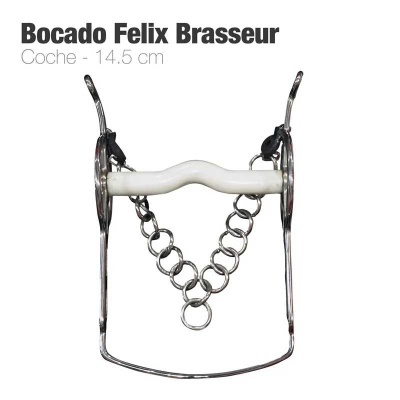 Freio equestre Bocado Felix Brasseur metal prateado com boca branca e corrente
