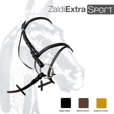 Cabresto de cavalo preto em couro com argola de metal e texto da marca Zaldi Extra Sport