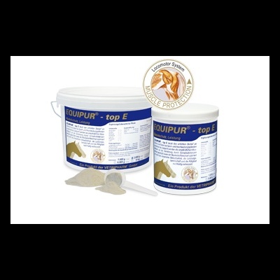 Suplemento alimentar EQUIPUR - top E para cavalos em embalagens brancas com tampa azul