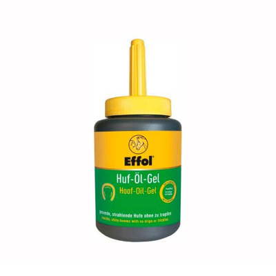 Gel óleo para cascos de cavalo Effol com frasco preto, tampa e rótulo amarelo e verde