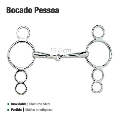 Bocado Pessoa bocal metálico inoxidável prateado 12,5 cm com três argolas em cada lado