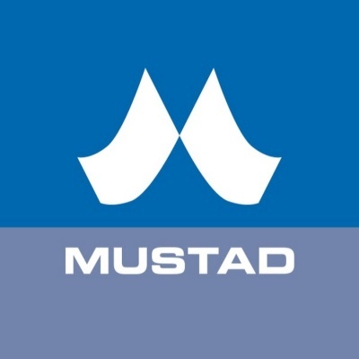 Logo da marca MUSTAD em fundo azul e cinzento