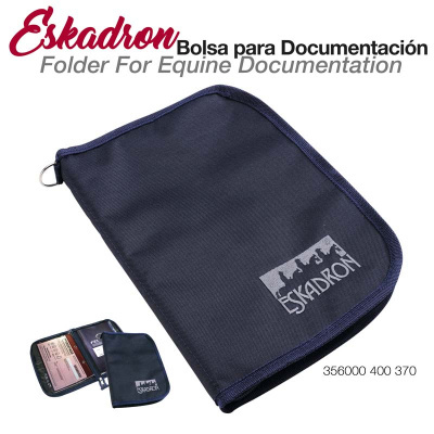 Pasta preta ESKADRON para documentação equestre com rebordo azul escuro
