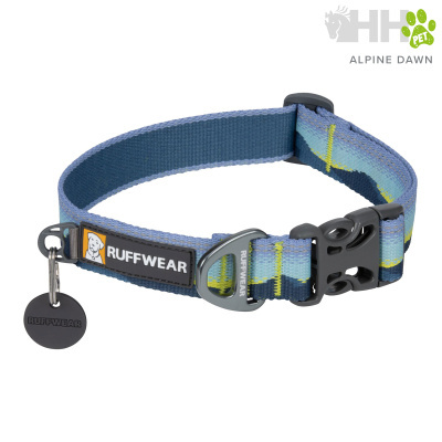 Coleira para cão RUFFWEAR azul com fecho preto e etiquetas RUFFWEAR