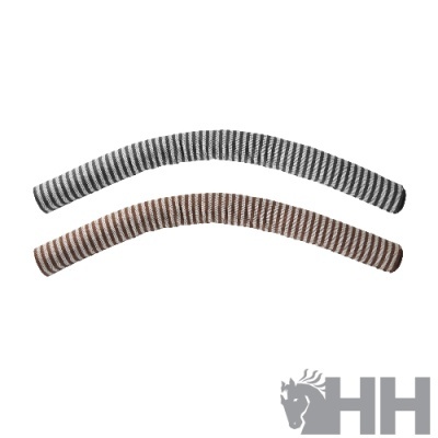 Dois protetores de cabos riscas cinza e castanho sobre fundo branco com logo HH