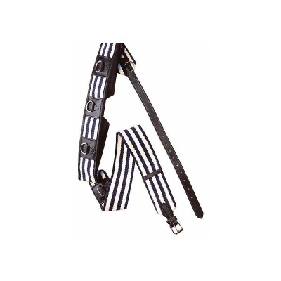 Cinto riscas azul e branco com fivela metálica e couro preto