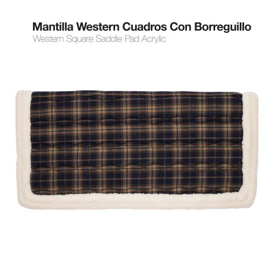 Almofada western quadrada para sela em padrão xadrez azul escuro e bege com forro branco tipo lã
