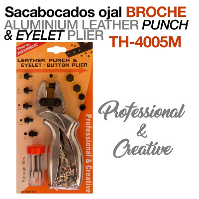 Kit de sacabocados para couro com embalagem laranja contendo ferramenta prateada e acessórios