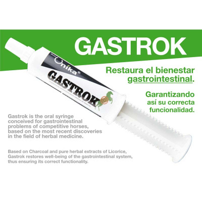 Seringa oral branca com texto GASTROK para problemas gastrointestinais em cavalos