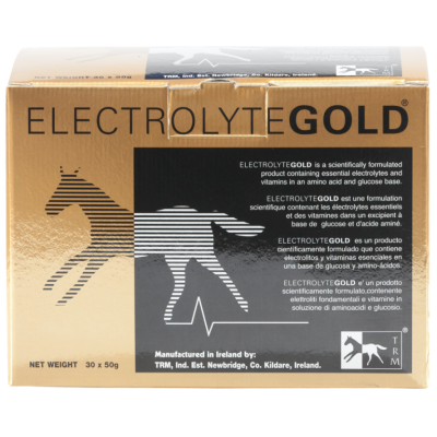 Caixa dourada do ELECTROLYTE GOLD com texto branco e preto e imagem de cavalo branco