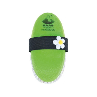 Escova verde para animais com alça preta e flor decorativa