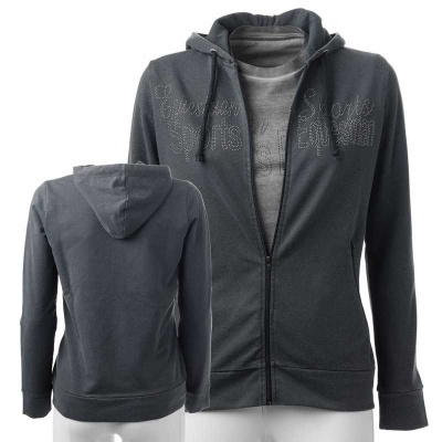 Casaco de capuz cinzento com fecho e estampado em relevo