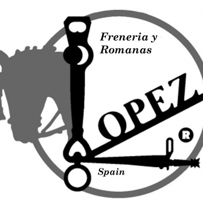 Logótipo comercial com peça metálica preta e texto 'Freneria y Romanas OPEZ Spain'