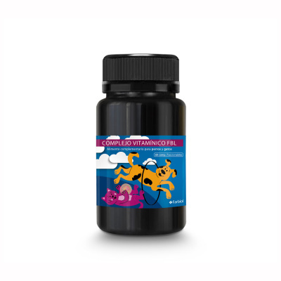Frasco preto com suplemento vitamínico para cães e gatos, rótulo azul com ilustrações de um cão e um gato.