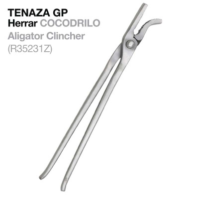Tenaza GP em metal prateado com alças longas e mordentes dentados, texto à esquerda