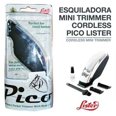 Esquilhadora mini trimmer preta e branca com acessórios e embalagem transparente.