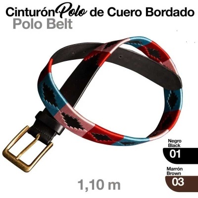 Cinto Polo de couro bordado colorido com fivela dourada
