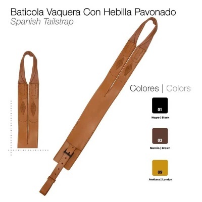 Baticola vaqueira de couro castanho com fivela e gravações, mostra opções de cores e texto explicativo.