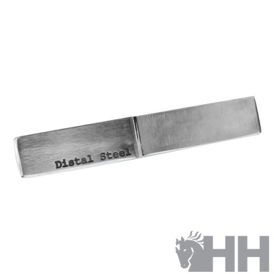 Aparelho metálico com texto Distal Steel sobre fundo branco e logótipo HH