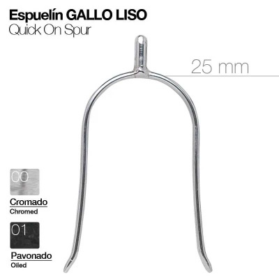 Espuelín GALLO LISO de metal com 25 mm, em cromado ou pavonado, apresentado em fundo branco