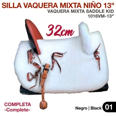Sela vaqueira mixta branca e preta com detalhes em couro castanho para criança tamanho 13''