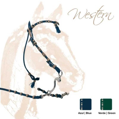 Embocadura equina azul com bocal metálico e texto Western
