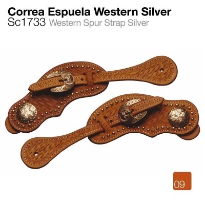 Correias de espuela Western Silver em couro castanho com detalhes prateados