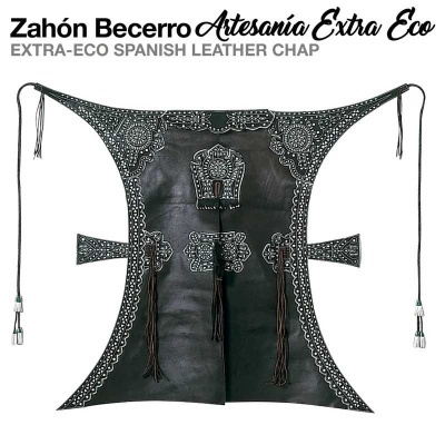 Zahón em couro preto com decoração branca e franjas