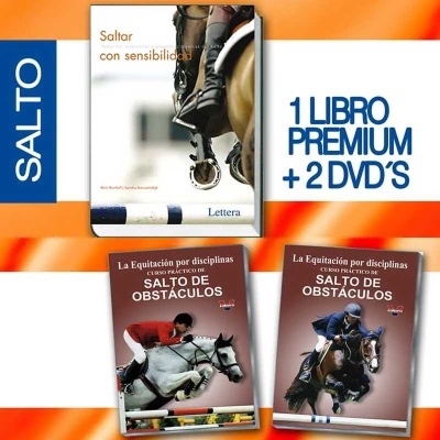 Conjunto de um livro e dois DVDs sobre equitação de salto de obstáculos com capas ilustradas
