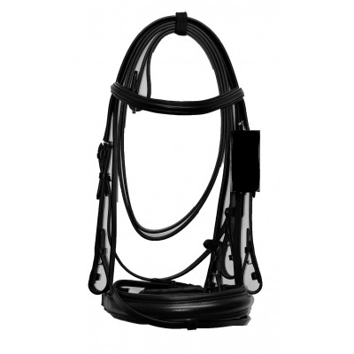 Bridão de cavalo em couro preto com fivelas prateadas