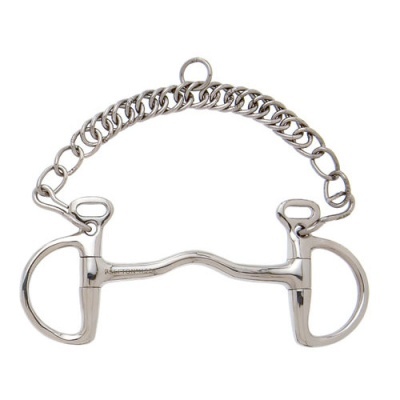 Freio de cavalo em metal prateado com corrente.