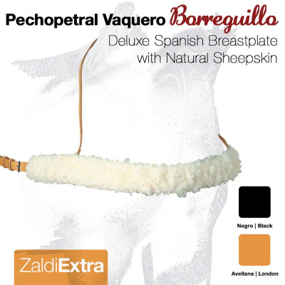 Peitoral deluxe com pele natural de carneiro, em castanho e branco, texto promocional e paleta de cores.