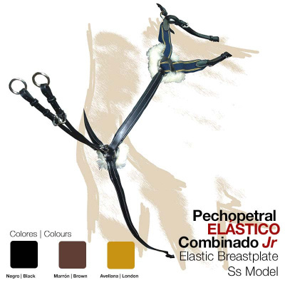 Peitoral elástico combinado Jr para cavalo em couro preto com peluche branco