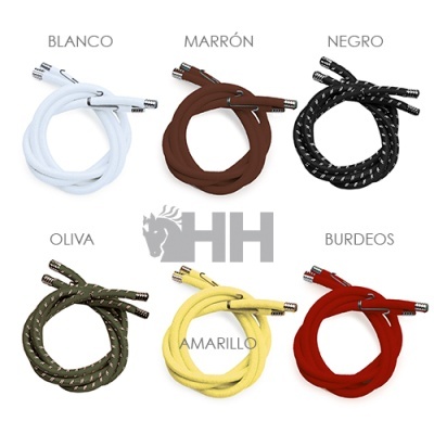 Seis pares de atacadores redondos em várias cores com pontas metálicas e logotipo HH ao centro