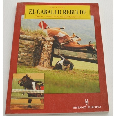 Capa de livro vermelho com título 'EL CABALLO REBELDE' e imagens de cavalos.