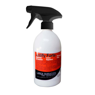 Frasco de pulverizador branco com rótulo vermelho e preto de repelente de insetos
