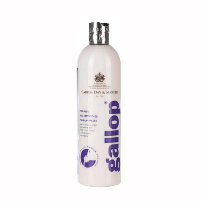 Frasco branco de shampoo para remoção de manchas com tampa metálica e texto roxo